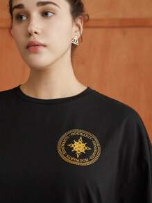 HARRY POTTER X SHEIN 大碼鷹和字母圖案落肩T恤 - 黑色 - 查看 5