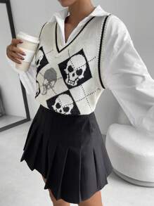 SHEIN Unity Skull Pattern Sweater Vest Without Blouse - Black and White - View 3