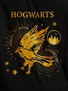 HARRY POTTER X SHEIN 大碼鷹和字母圖案落肩T恤 - 黑色 - 查看 6