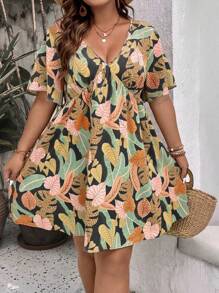 SHEIN Holidaya Plus Tropical Print Butterfly Sleeve Dress - Multicolor - View 3