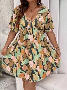 SHEIN Holidaya Plus Tropical Print Butterfly Sleeve Dress - Multicolor - View 5