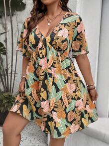 SHEIN Holidaya Plus Tropical Print Butterfly Sleeve Dress - Multicolor - View 6