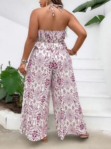 SHEIN Holidaya Hơn In Toàn bộ Áo hai dây & Quần ống rộng - Màu Hồng Tươi - Xem 2