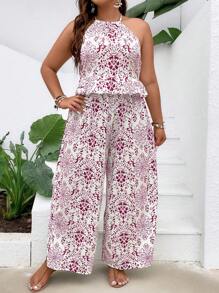 SHEIN Holidaya Hơn In Toàn bộ Áo hai dây & Quần ống rộng - Màu Hồng Tươi - Xem 3