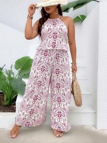 SHEIN Holidaya Hơn In Toàn bộ Áo hai dây & Quần ống rộng - Màu Hồng Tươi - Xem 4