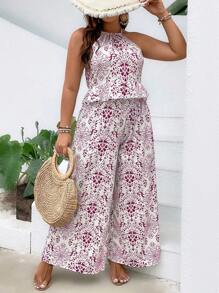 SHEIN Holidaya Hơn In Toàn bộ Áo hai dây & Quần ống rộng - Màu Hồng Tươi - Xem 7