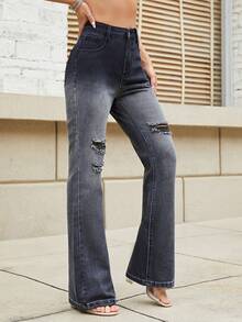 Jeans desgarro de talle alto - Gris - Ver 3