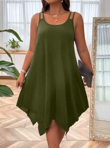 SHEIN LUNE Plus Solid Asymmetrical Hem Cami Dress - Olive Green - View 1