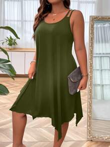 SHEIN LUNE Plus Solid Asymmetrical Hem Cami Dress - Olive Green - View 3