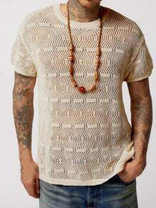 男士素色網眼針織上衣 - 卡其色 - 查看 1