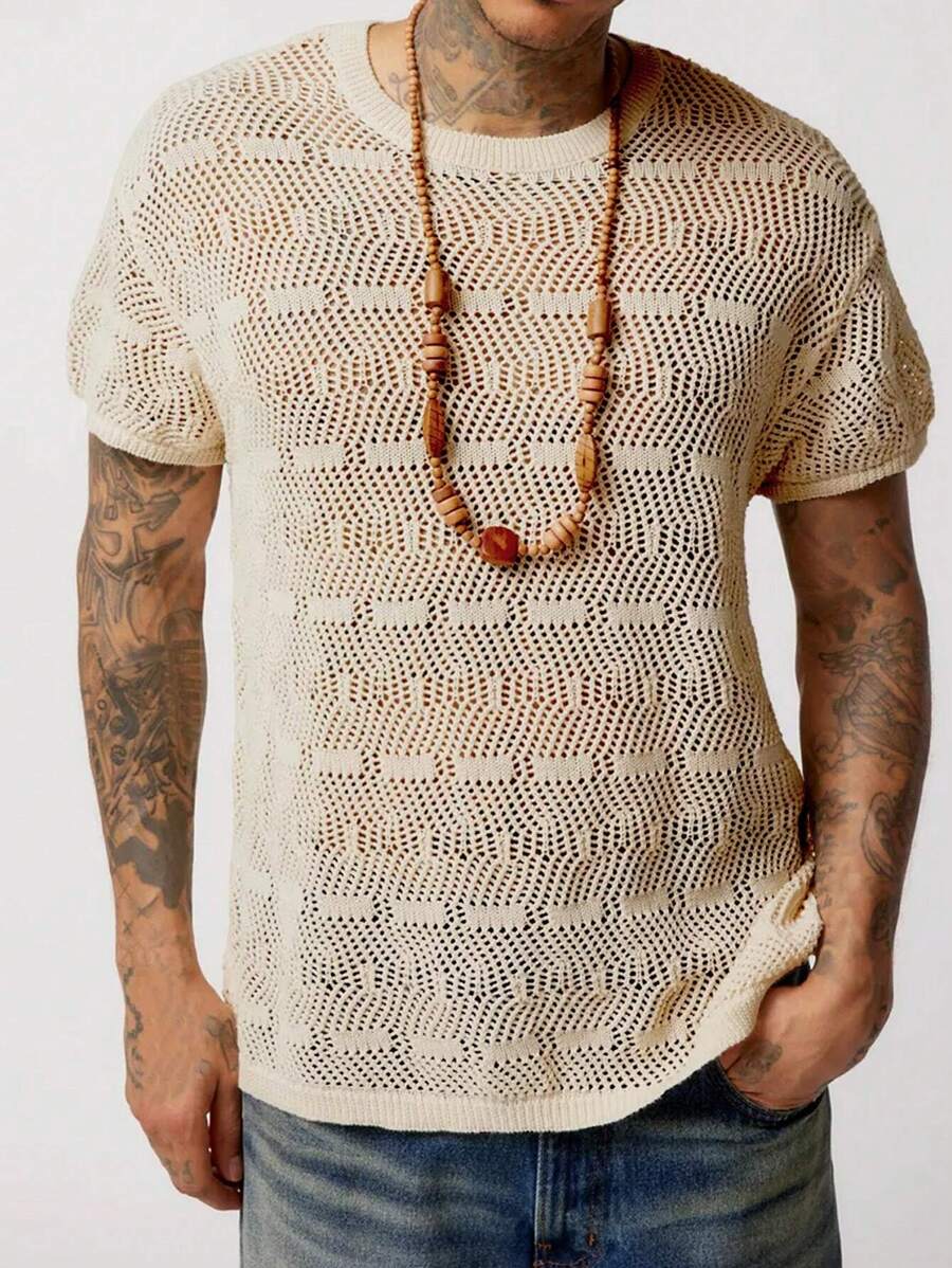 男士素色網眼針織上衣 - 卡其色 - 查看 1