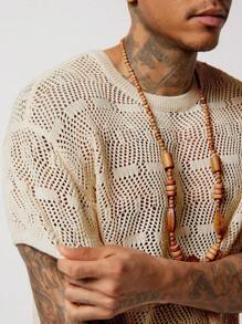男士素色網眼針織上衣 - 卡其色 - 查看 3