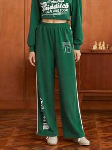 HARRY POTTER X SHEIN Pantalones deportivos con estampado de letra con costura lateral en contraste - Verde - Ver 1