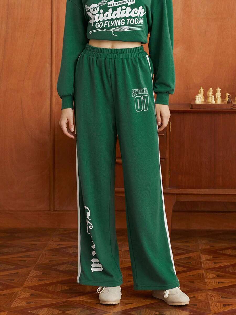HARRY POTTER X SHEIN Letter Graphic Contrast Side Seam Sweatpants - Green - View 1
