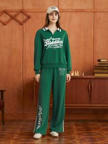 HARRY POTTER X SHEIN Pantalones deportivos con estampado de letra con costura lateral en contraste - Verde - Ver 3