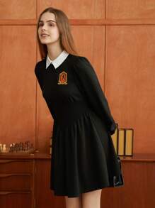 HARRY POTTER X SHEIN 字母貼布拼接領燈籠袖連衣裙 - 黑色 - 查看 4