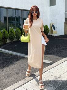 DAZY 純色分裂大腿長款 T 恤 - 卡其色 - 查看 4