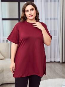 Parysyn Plus Split Hem Tee - Burgundy - View 3