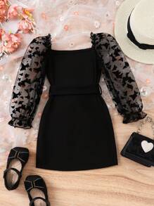 SHEIN Young Girl Contrast Mesh Flounce Sleeve Dress - Black - View 2