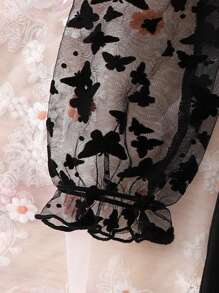 SHEIN Young Girl Contrast Mesh Flounce Sleeve Dress - Black - View 3