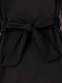 SHEIN Young Girl Contrast Mesh Flounce Sleeve Dress - Black - View 5