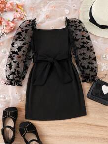 SHEIN Young Girl Contrast Mesh Flounce Sleeve Dress - Black - View 6