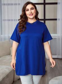 INAWLY Plus Split Hem Tee - Royal Blue - View 4