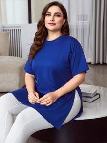 INAWLY Plus Split Hem Tee - Royal Blue - View 5