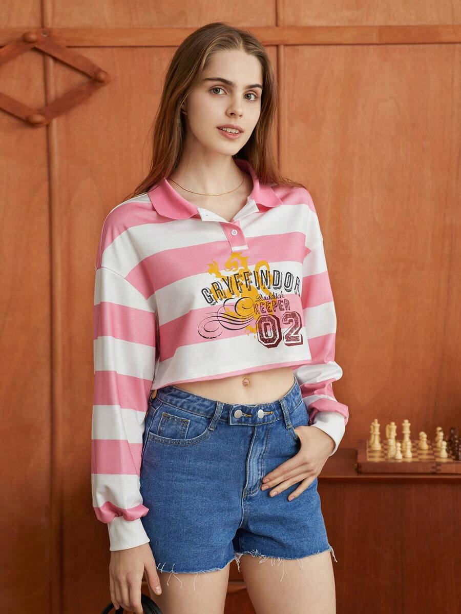 HARRY POTTER X SHEIN 字母圖案條紋圖案落肩袖短款運動衫 - 彩色 - 查看 1