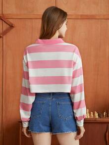 HARRY POTTER X SHEIN 字母圖案條紋圖案落肩袖短款運動衫 - 彩色 - 查看 2