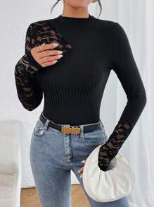 SHEIN Privé 蕾絲拼接小高領T恤 - 黑色 - 查看 5