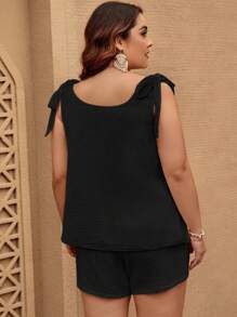 SHEIN LUNE Plus Tie Shoulder Button Front Top & Shorts