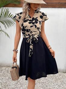 SHEIN Frenchy Women's Floral Printed Cap Sleeve A-Line Dress, Bridgerton - Multicolor - View 5