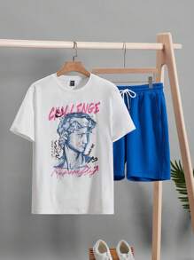 Manfinity RebelGame 男士人物和字母圖案T恤和短褲 - 藍白色 - 查看 1