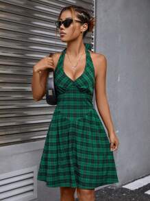 SHEIN Unity 格紋印花後背繫帶掛脖洋裝 - 綠色 - 查看 1