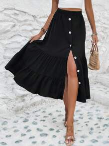 SHEIN VCAY Váy nữ Viên lá sen màu trơn Giải trí - màu đen - Xem 3