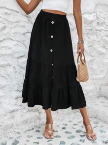 SHEIN VCAY Váy nữ Viên lá sen màu trơn Giải trí - màu đen - Xem 5