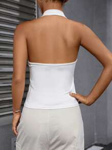 SHEIN Unity Bow Print Ruched Bust Backless Halter Top - White - View 2