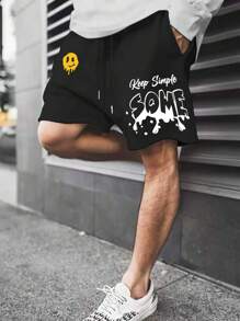 Manfinity EMRG 男士卡通和標語圖案腰部抽繩短褲 - 黑色 - 查看 1