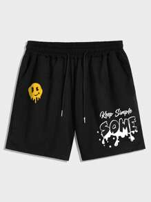 Manfinity EMRG 男士卡通和標語圖案腰部抽繩短褲 - 黑色 - 查看 4