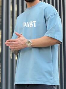 Manfinity EMRG 男士字母圖案落肩T恤 - 淺藍色 - 查看 2