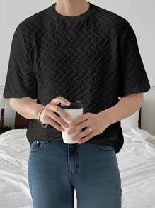 Manfinity Homme 男士素色圓領紋理質感T恤 - 黑色 - 查看 1