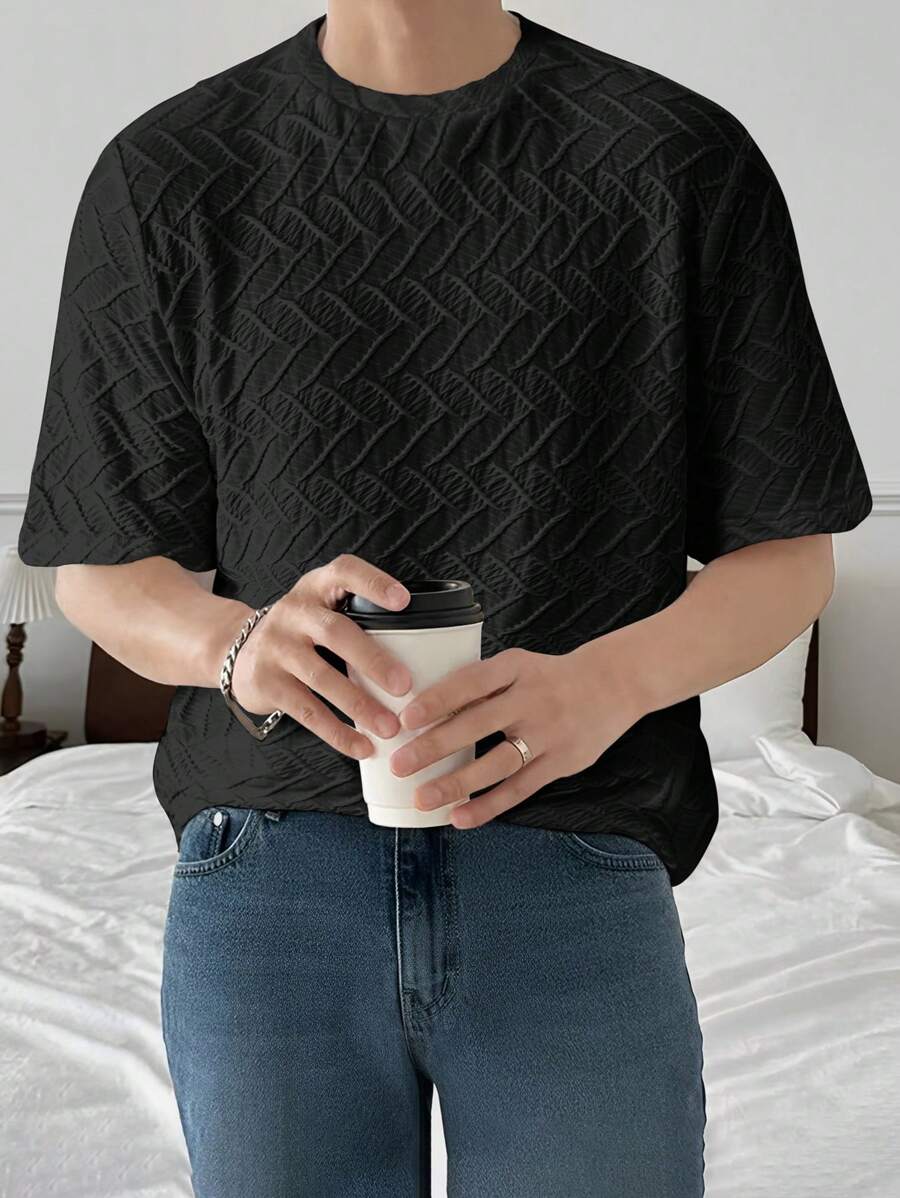 Manfinity Homme 男士素色圓領紋理質感T恤 - 黑色 - 查看 1