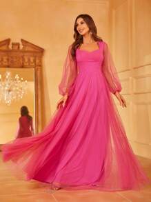 Faeriesty 雞心領口燈籠袖波點網紗超長派對禮服 - 玫紅色 - 查看 1