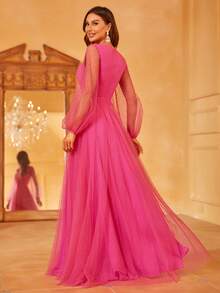 Faeriesty 雞心領口燈籠袖波點網紗超長派對禮服 - 玫紅色 - 查看 2