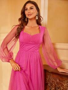 Faeriesty 雞心領口燈籠袖波點網紗超長派對禮服 - 玫紅色 - 查看 5