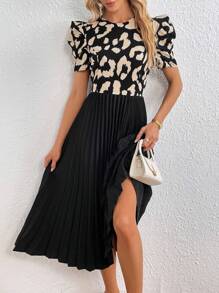 SHEIN Privé Leopard Print Puff Sleeve Pleated Hem Dress - Multicolor - View 3