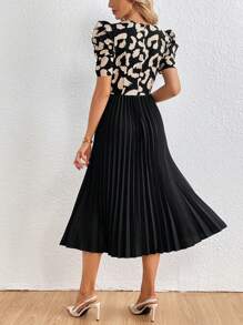 SHEIN Privé Leopard Print Puff Sleeve Pleated Hem Dress - Multicolor - View 2