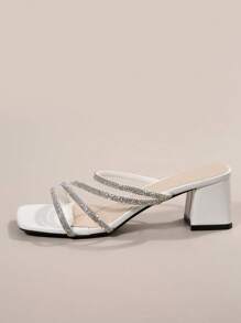 女士黑色方头粗跟水钻装饰凉鞋，时尚法式高跟鞋，适合夏季和秋季