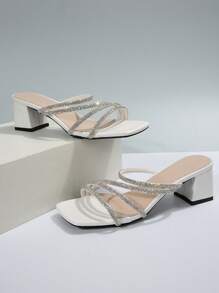 女士黑色方头粗跟水钻装饰凉鞋，时尚法式高跟鞋，适合夏季和秋季